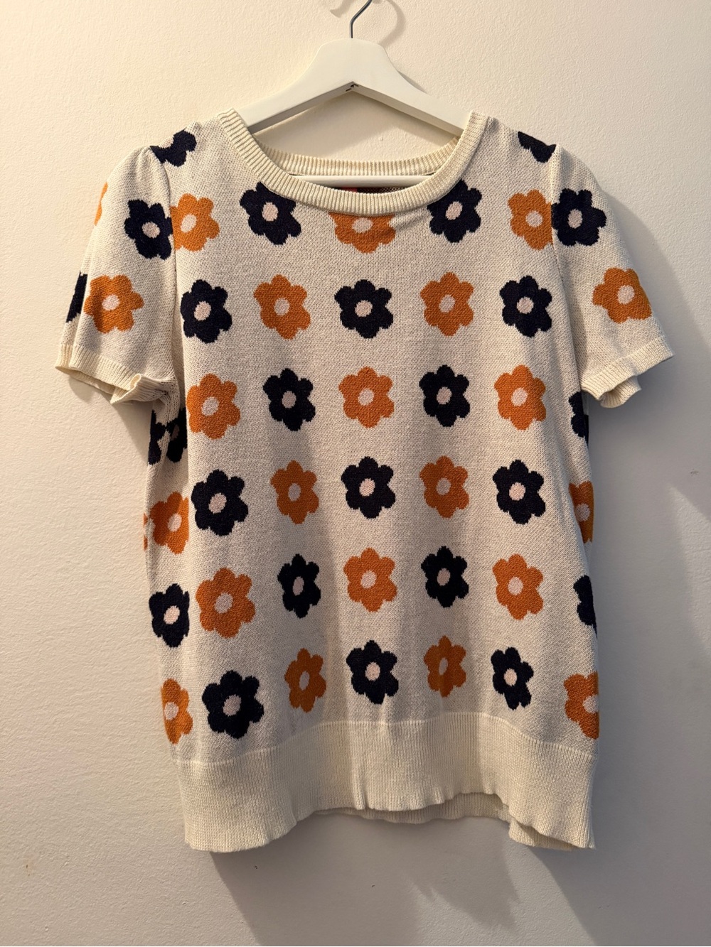 Modcloth Cream Short-Sleeve Sweater Top with Navy and Orange Floral Print